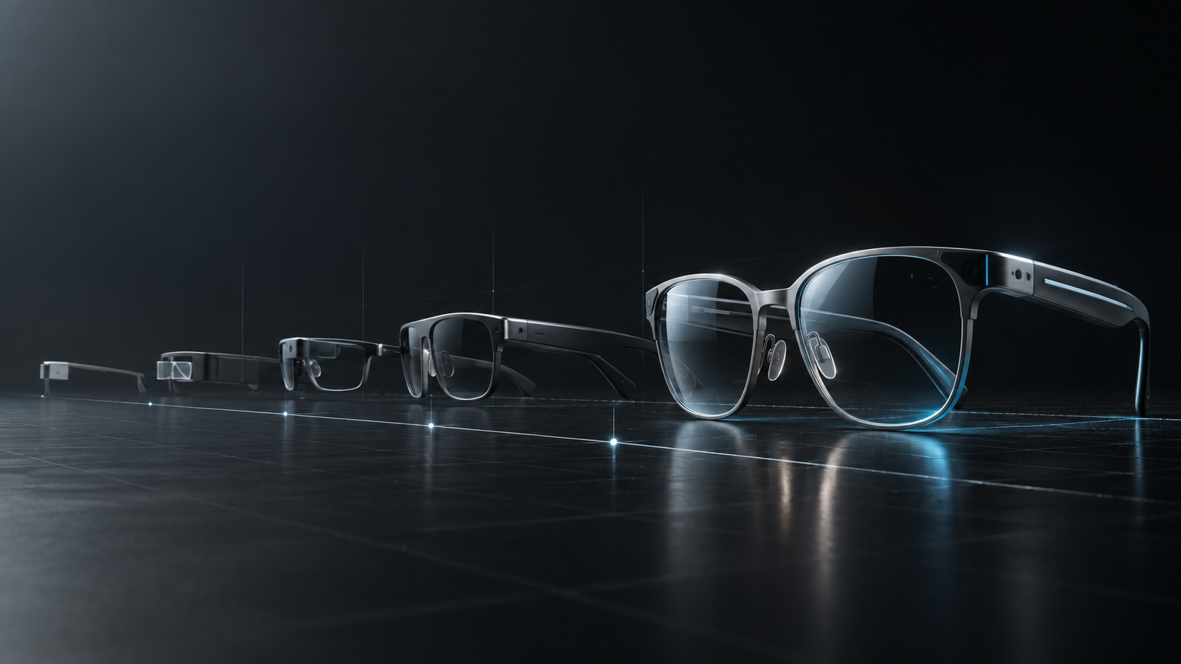 Plusieurs générations de lunettes connectées alignées dans un environnement technologique sombre